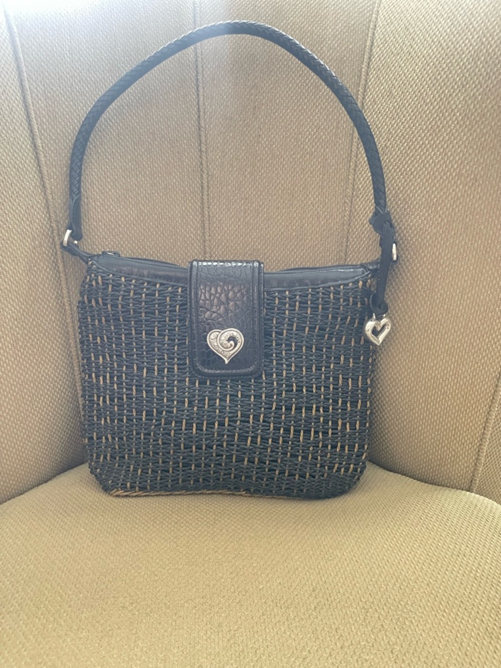 Brighton Dark Brown Woven Shoulder Bag with Heart Charm